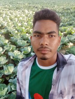 Young Bangladeshi farmer Asif Hasan taking a selfie in a large green cauliflower field in Kushtia