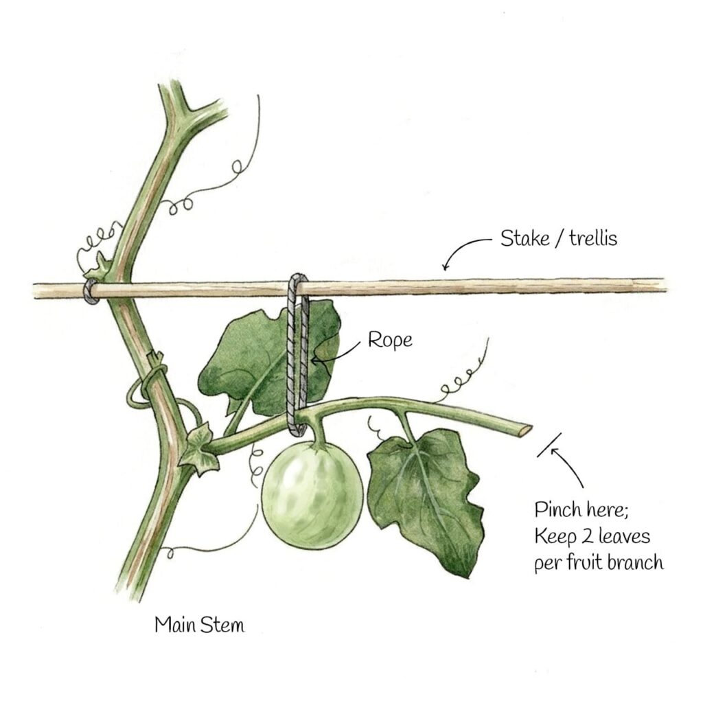 Hand-drawn illustration of a melon vine on a trellis, with the main stem secured by rope to a horizontal stake, a side branch bearing a green melon fruit and leaves, labeled to pinch the branch tip and keep 2 leaves per fruit branch.
