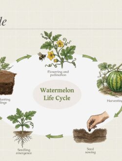 A beautiful infographic illustrating the stages of watermelon cultivation, from seed sowing to seedling emergence, transplanting, flowering and pollination, and finally, harvesting.