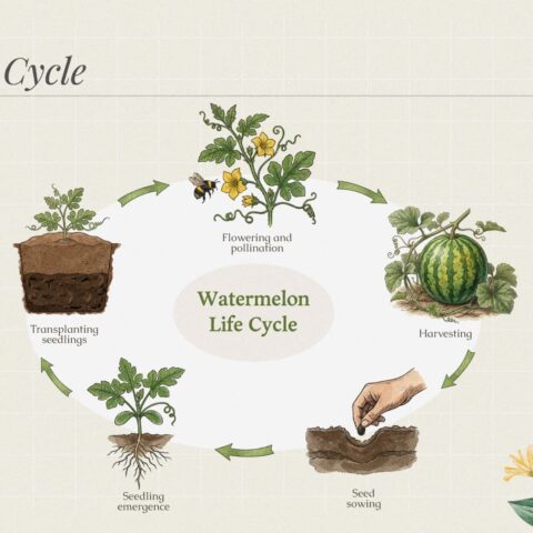 A beautiful infographic illustrating the stages of watermelon cultivation, from seed sowing to seedling emergence, transplanting, flowering and pollination, and finally, harvesting.