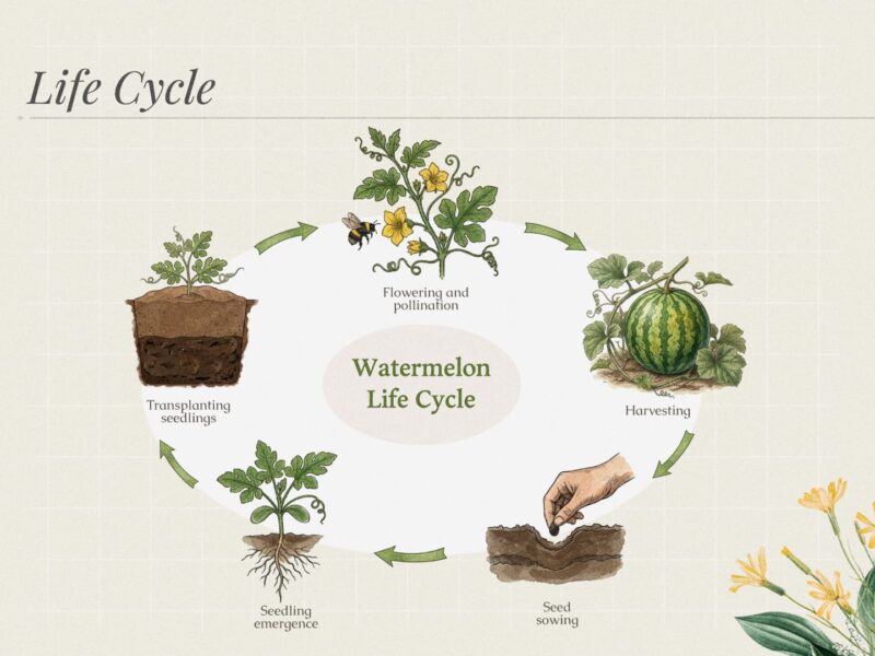 A beautiful infographic illustrating the stages of watermelon cultivation, from seed sowing to seedling emergence, transplanting, flowering and pollination, and finally, harvesting.