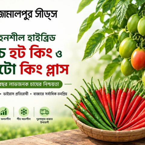 Basket of red and green hybrid Hot King chili peppers next to a vine of green and red King Plus tomatoes, promoting winter-tolerant hybrid hot pepper and tomato cultivation by Jamalpur Seeds with high yield and virus resistance benefits.