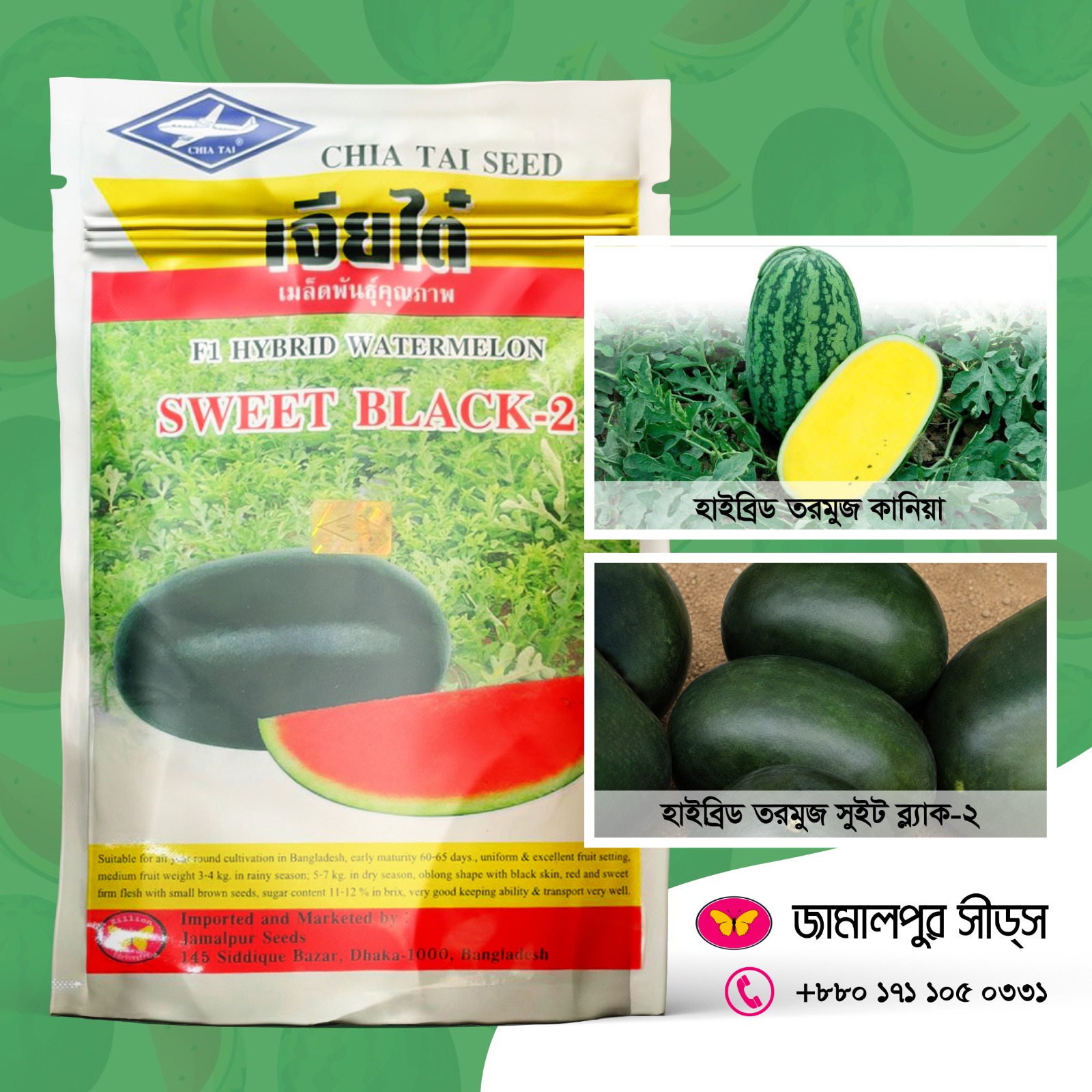 Jamalpur Seeds hybrid watermelon packet showing Sweet Black-2 (black-skinned red-flesh) and Kanya (green-striped yellow-flesh) varieties with product details and contact number.